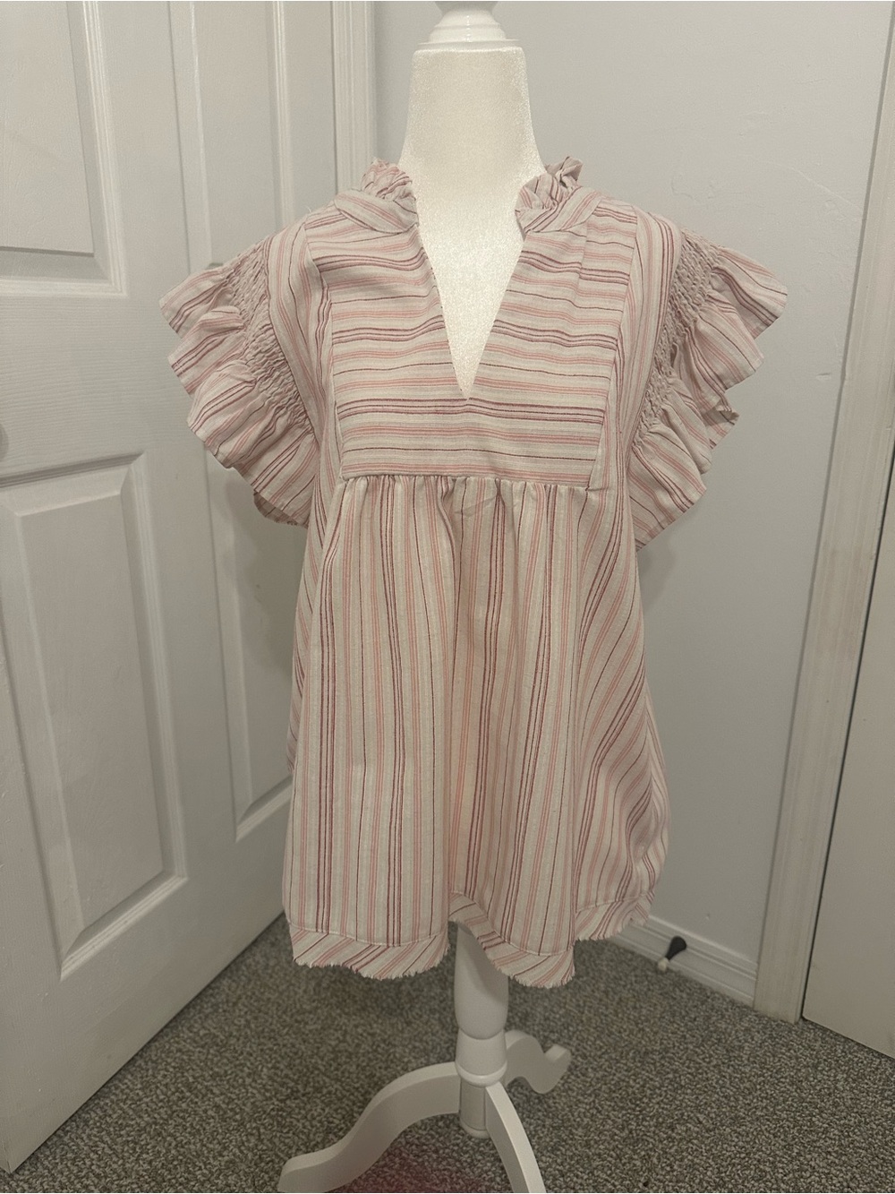 Umgee Pink  Striped Ruffle-Sleeve Tunic